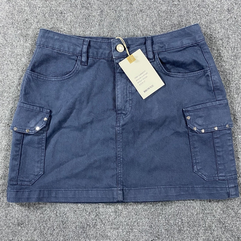 Brownie Spain Skirt Womens EU 36 Small Blue‎ Denim Stretch Studded Designer NEW